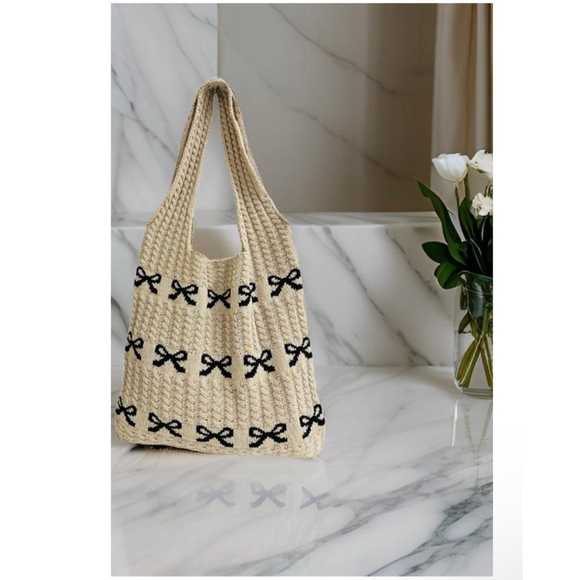 Zenana Coquette Bow Knit Tote Bag Crochet Ribbon Shoulder Bag - Picture 4 of 4